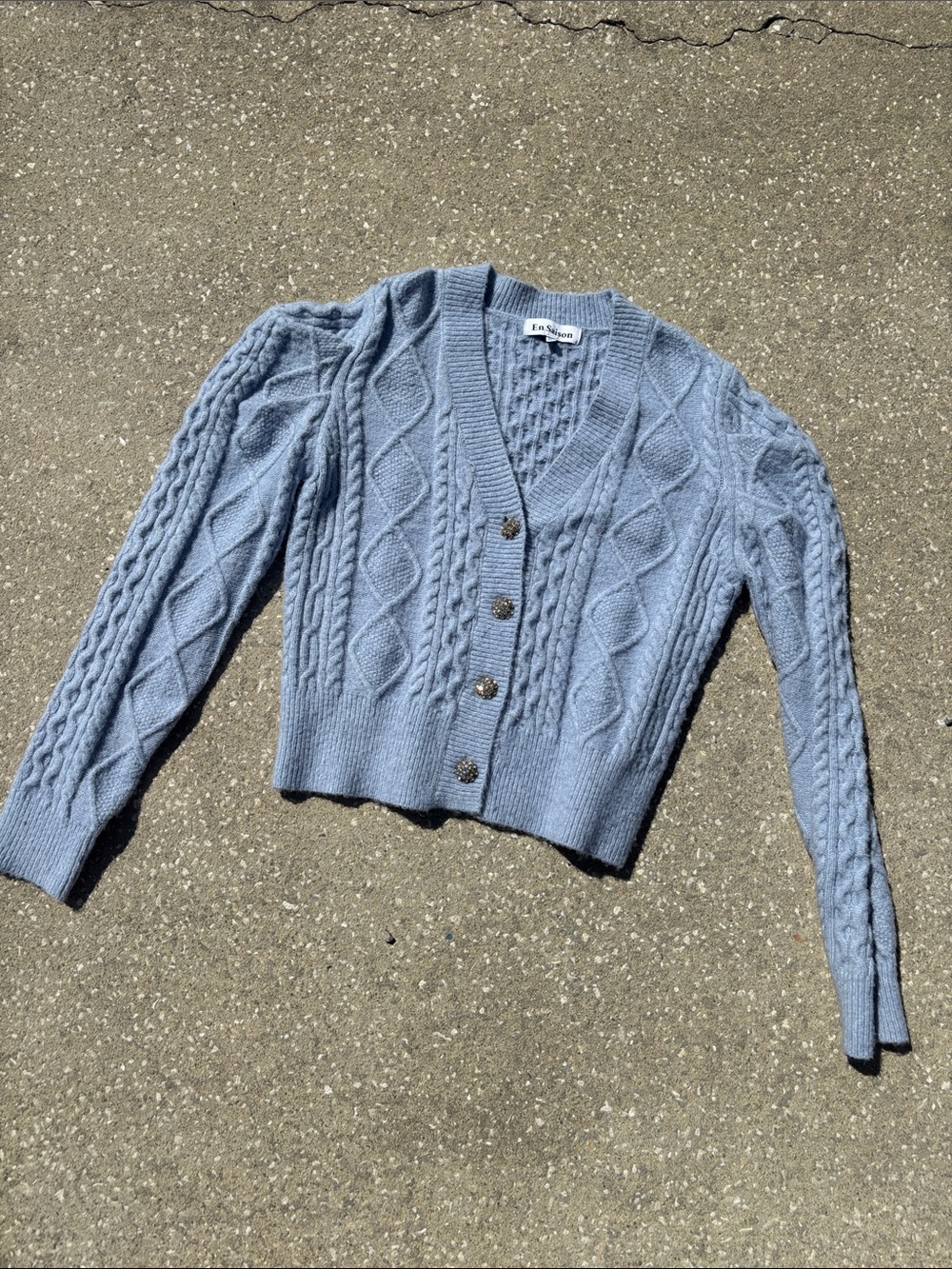 En Saison Women's Pale Blue Cable V-Neck Sweater